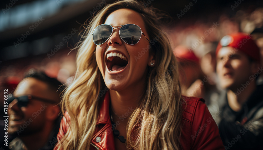 Smiling young adults enjoy music festival together generated by AI Smiling young adults enjoy music festival together generated by AI