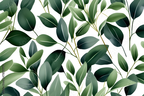 Eucalyptus Watercolor Pattern: Cool, Fresh Design with Separate White Branches and Green Leaves generative ai 