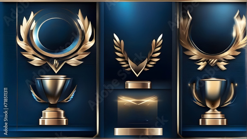 Dark Blue Golden Royal Awards Graphics Background. Lines Growing Elegant Shine Spark. Luxury Premium Corporate Abstract Design Template.