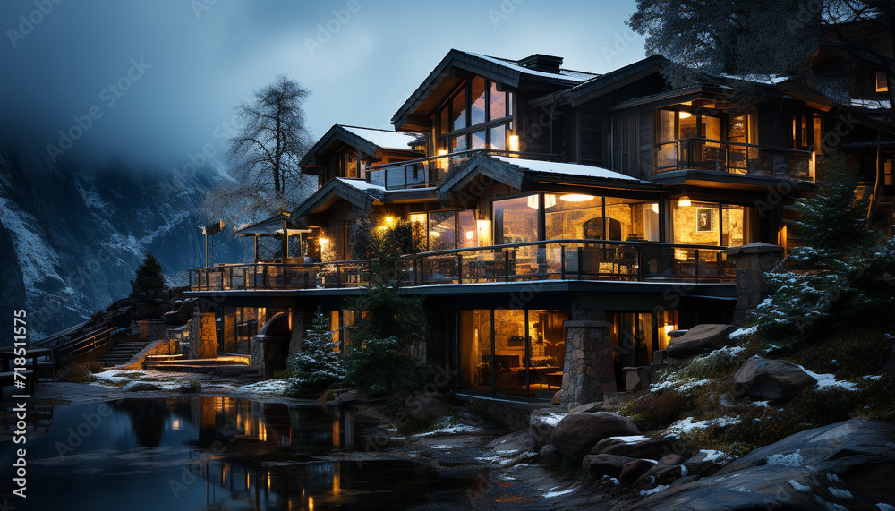 Obraz premium Winter night snow covered landscape, illuminated by moonlight generated by AI