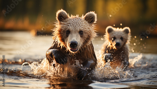 Playful young animals splashing in the water generated by AI