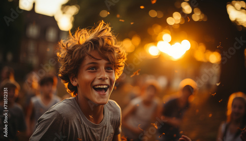 Smiling boys enjoy cheerful outdoor party at dusk generated by AI