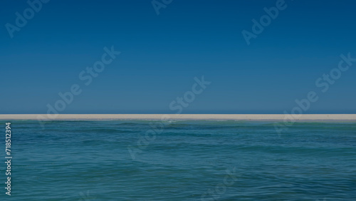 Minimalistic seascape. Turquoise ocean, clear blue sky and a strip of white sand beach in the middle. Nobody. Copy Space. Madagascar idyll. Nosy Iranja 