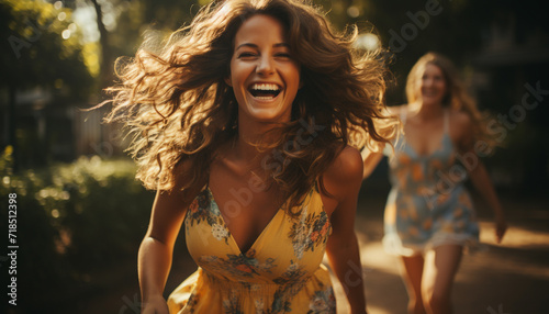 Smiling young women enjoy carefree summer outdoors generated by AI