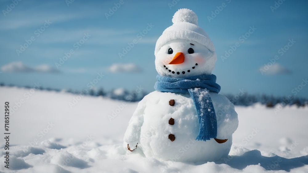 Obraz premium A cute snowman made by children in a winter day with a blue scarf and a carrot at his nose