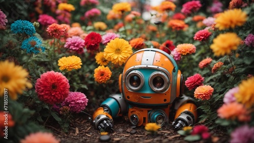 Cute robot crawling among flowers, flowers with a robot, impact of robots to nature concepts, eco friendly robot