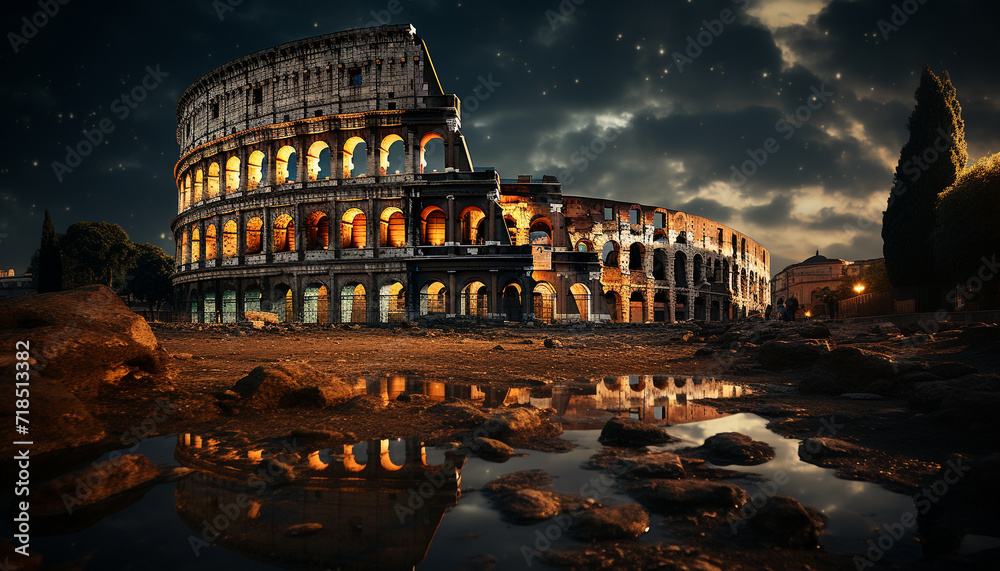 Ancient ruins illuminated by sunset, a famous place generated by AI