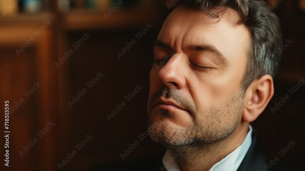 Obraz premium 40 year old man with eyes closed listening to classical music, refined, educated, elegant,