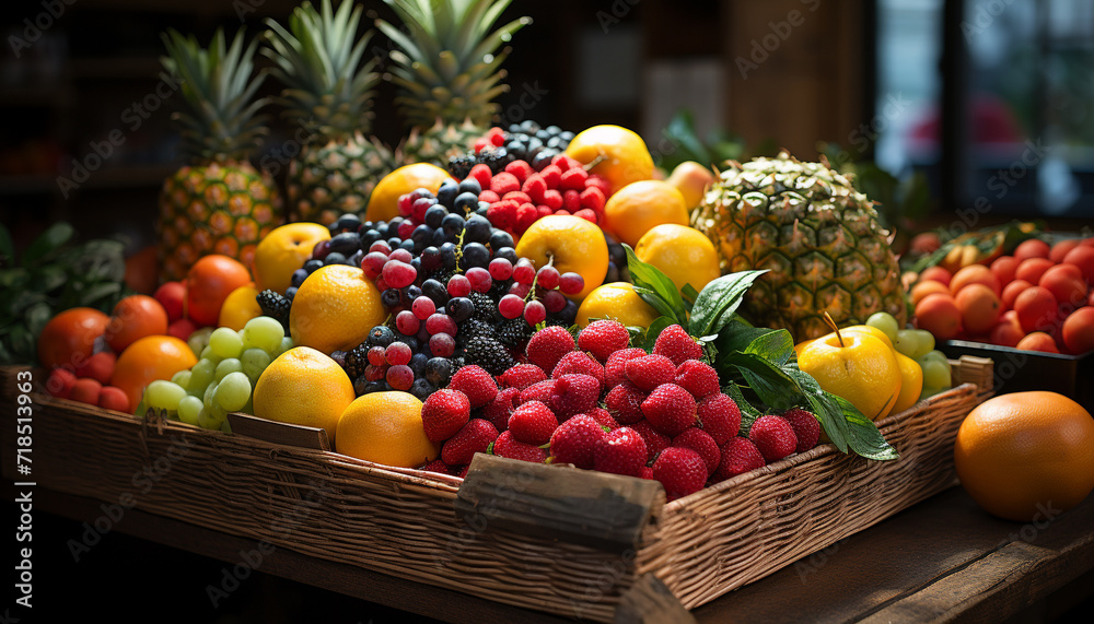 Freshness and variety of healthy fruits in a colorful basket generated by AI Freshness and variety of healthy fruits in a colorful basket generated by AI
