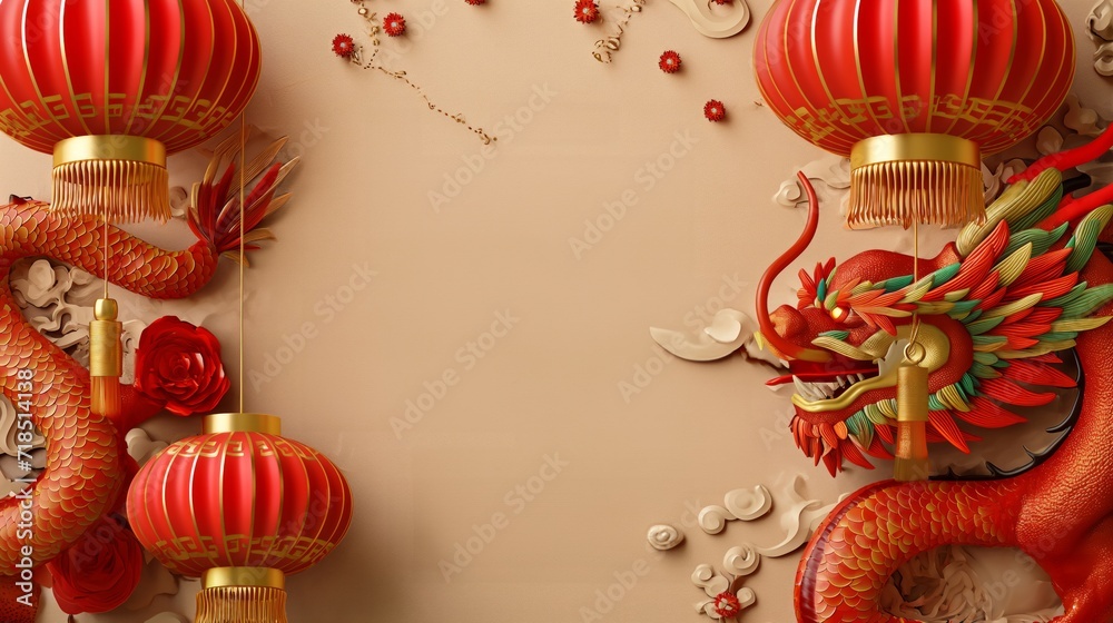 Chinese New Year design, Year of the Dragon illustration background card, banner poster format. Generative AI