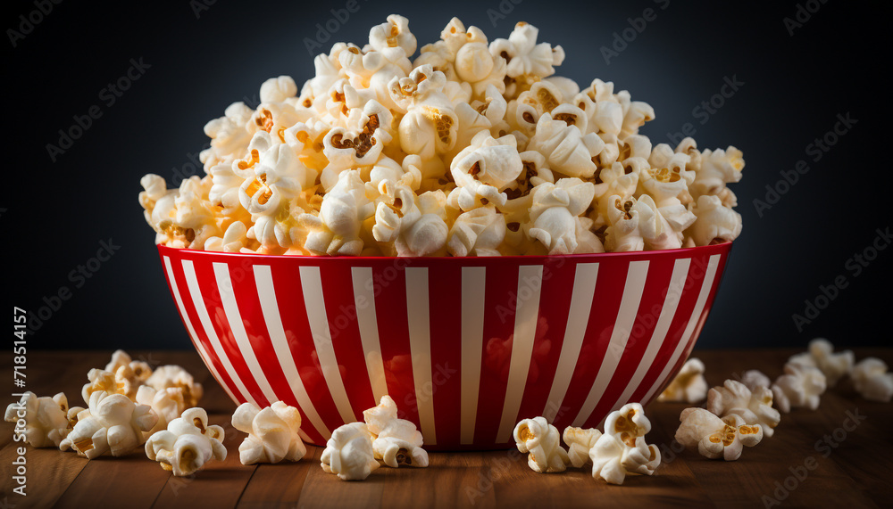 Fresh popcorn in a yellow bowl, perfect movie theater snack generated by AI