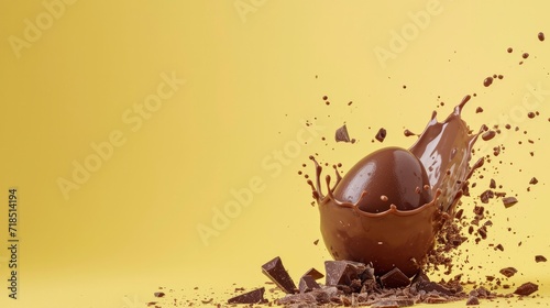 Chocolate Egg Bursting on Yellow Background, a Festive Easter Celebration Concept.