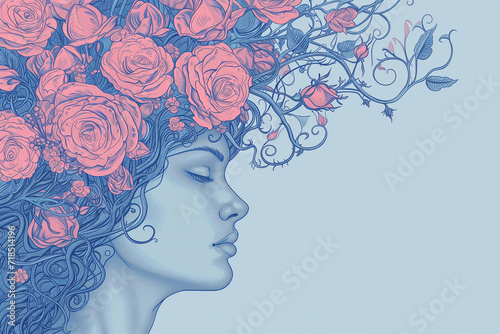 Art Nouveau Elegance: Woman's Head Adorned with Cascading Roses and Thorns in Intricate Pink and Blue Detail © Thumbs