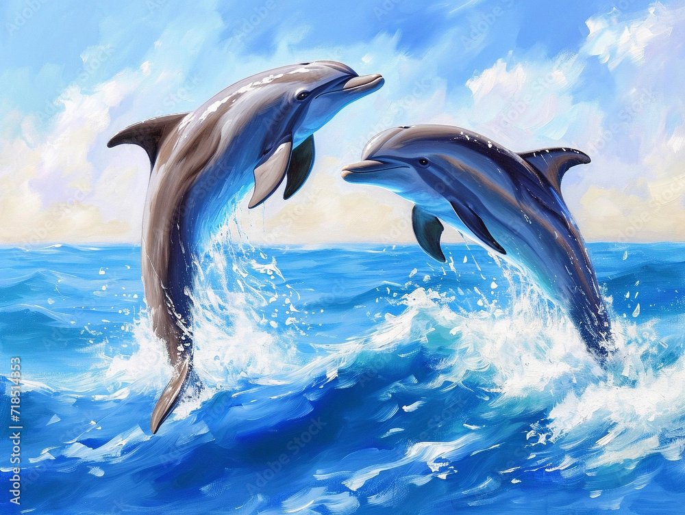 Fototapeta premium 夏の海とジャンプするイルカの風景画 Generative AI