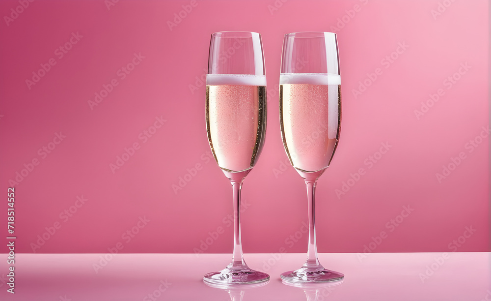 Two champagne glasses on a simplesoft pink background, Valentine's Day, Christmas. Generative AI