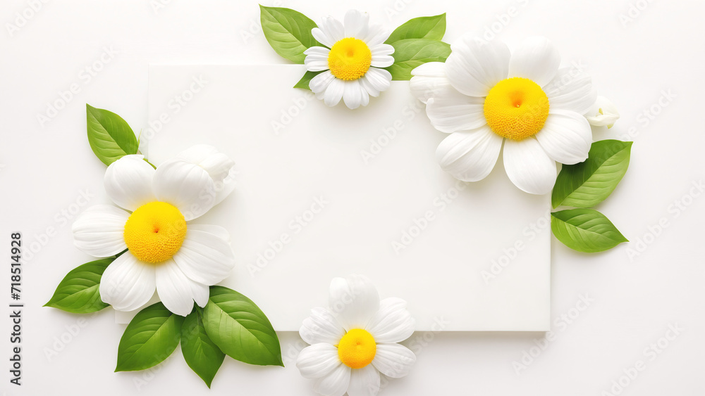 Obraz premium white daisies and green leaves are arranged around a white square