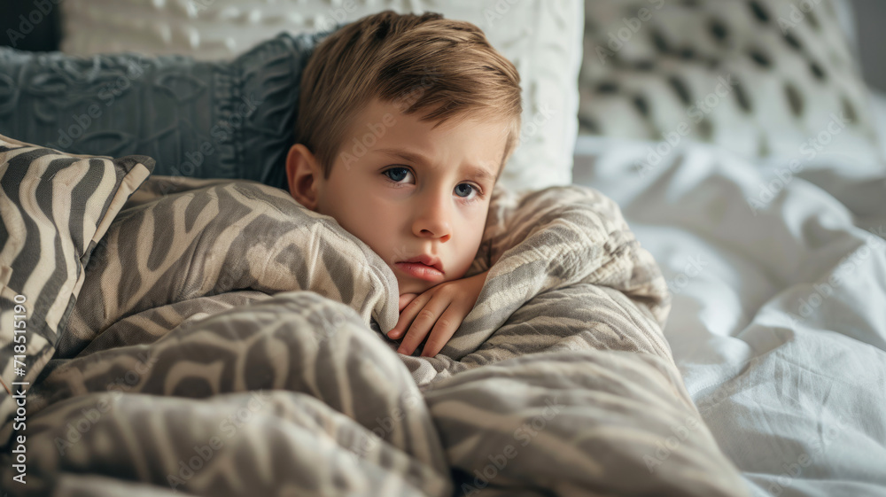Sick boy with thermometer laying in bed. Sick son who has thermometer in his mouth. Sick child with fever and illness in bed. Sick boy with thermometer laying in bed. Sick son who has thermometer in his mouth. Sick child with fever and illness in bed.