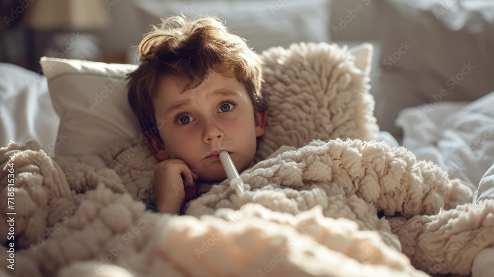 Sick boy with thermometer laying in bed. Sick son who has thermometer in his mouth. Sick child with fever and illness in bed. Sick boy with thermometer laying in bed. Sick son who has thermometer in his mouth. Sick child with fever and illness in bed.
