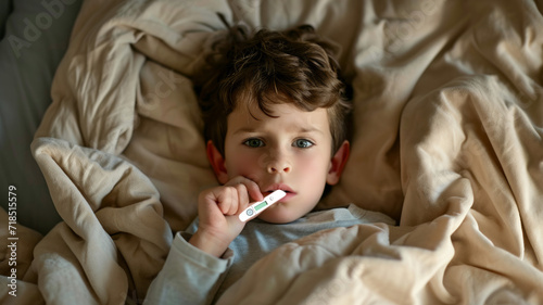 Sick boy with thermometer laying in bed. Sick son who has thermometer in his mouth. Sick child with fever and illness in bed.