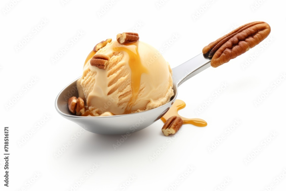 Fototapeta premium Salted Caramel Ice Cream Scoop with a Caramel Swirl, Against a Clean White Surface, Generative AI