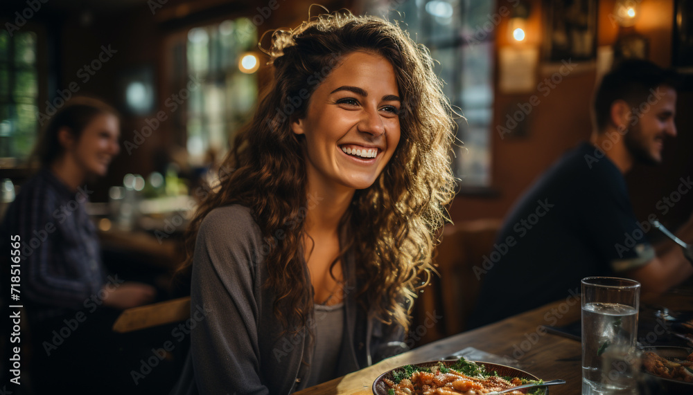Smiling young women enjoying food and drink indoors generated by AI