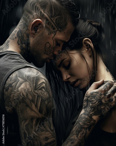 Intimate and dark portrait of tattooed couple