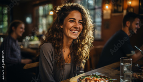 Smiling young women enjoying food and drink indoors generated by AI photo
