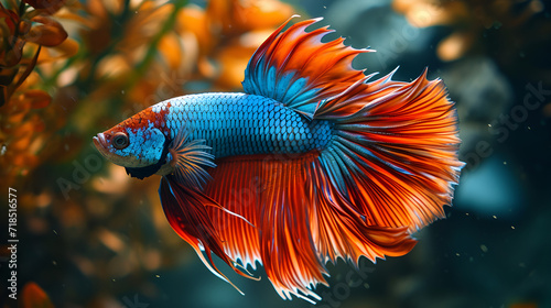 Vibrant betta fish portrait with dazzling bokeh background underwater macro wildlife photography, generative ai