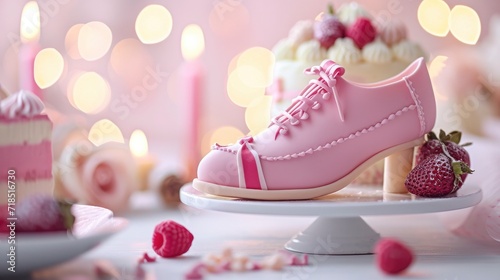 A Burberry shoe shaped fondant cake on the dining table photo