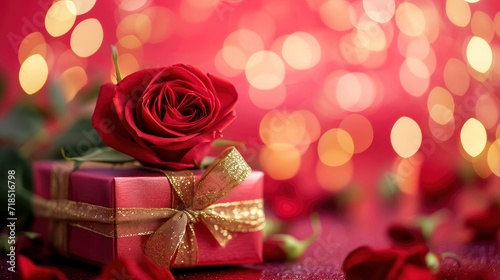 A red rose and pink colour gift box with golden ribbon bokeh background