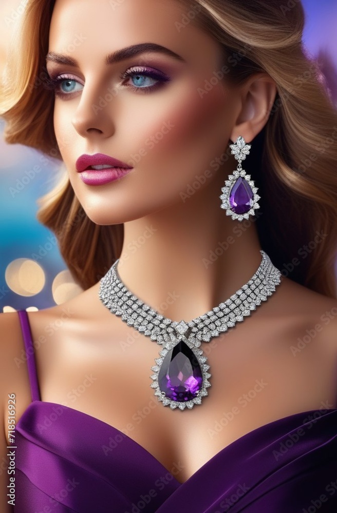 A girl for jewelry advertising , with violet earrings and a necklace