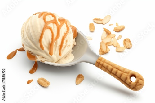 Salted Caramel Ice Cream Scoop with Almond Slices, Against an Isolated White Canvas, Generative AI