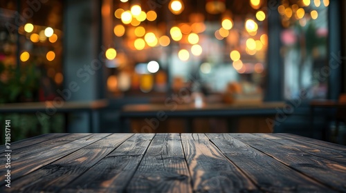 Wooden table of a cafe with bokeh background.