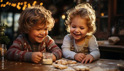 Smiling children baking cookies  spreading holiday cheer generated by AI