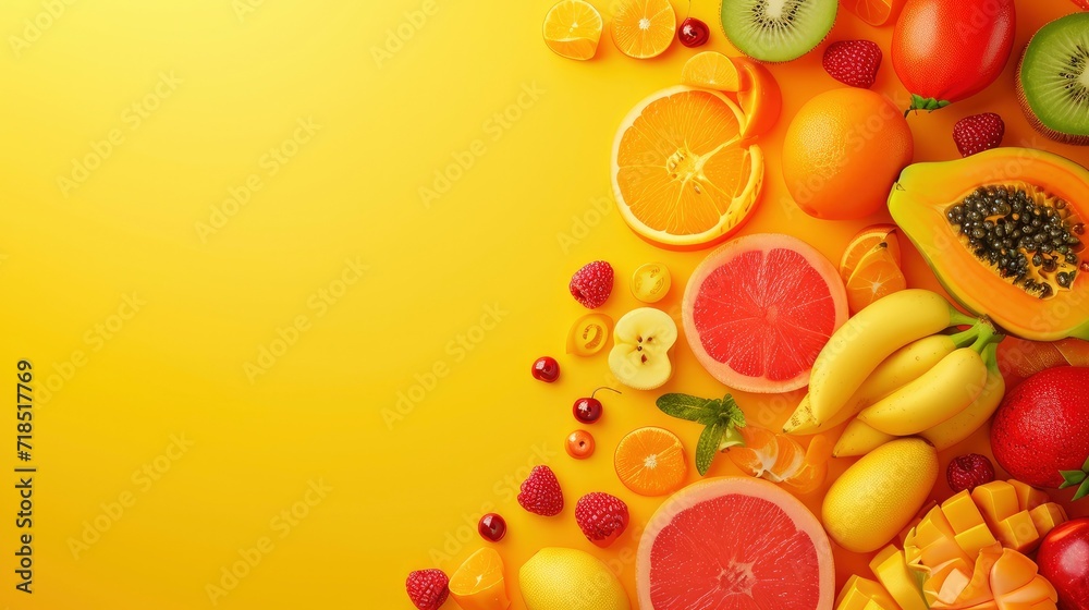 Photo various kind of fruit in yellow backgroun Photo various kind of fruit in yellow backgroun