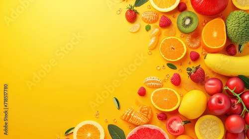 Photo various kind of fruit in yellow backgroun