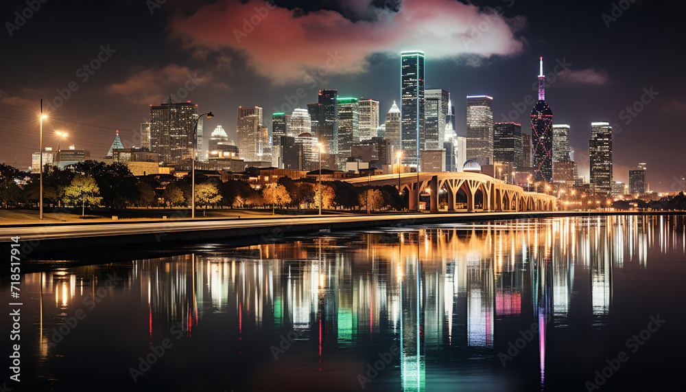 Obraz premium Vibrant city lights reflect on the waterfront generated by AI