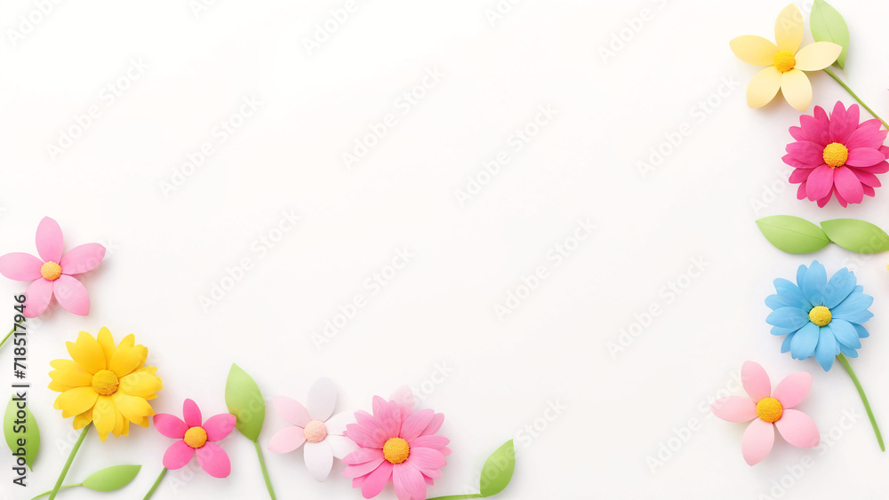 colorful flowers on white background with copy space, flat lay top view colorful flowers on white background with copy space, flat lay top view