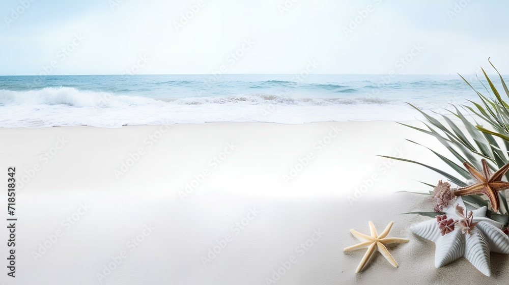 Background with palm leaves, shells and starfish on the beach background. A copy of the space. Background with palm leaves, shells and starfish on the beach background. A copy of the space.