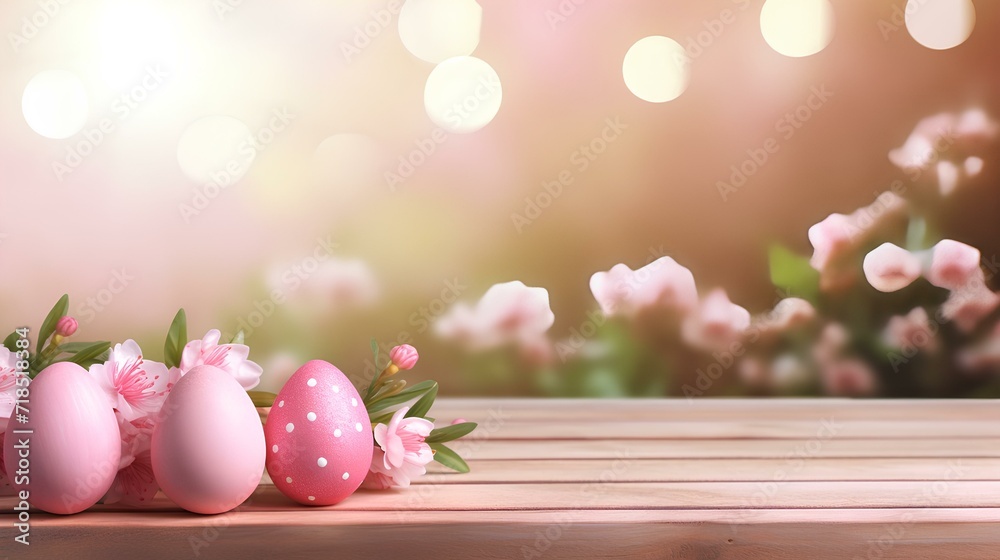 A tabletop with Easter eggs and a place for text, a blurred background.	