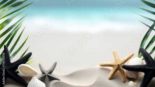 Background with palm leaves, shells and starfish on the beach background. © Свет Лана
