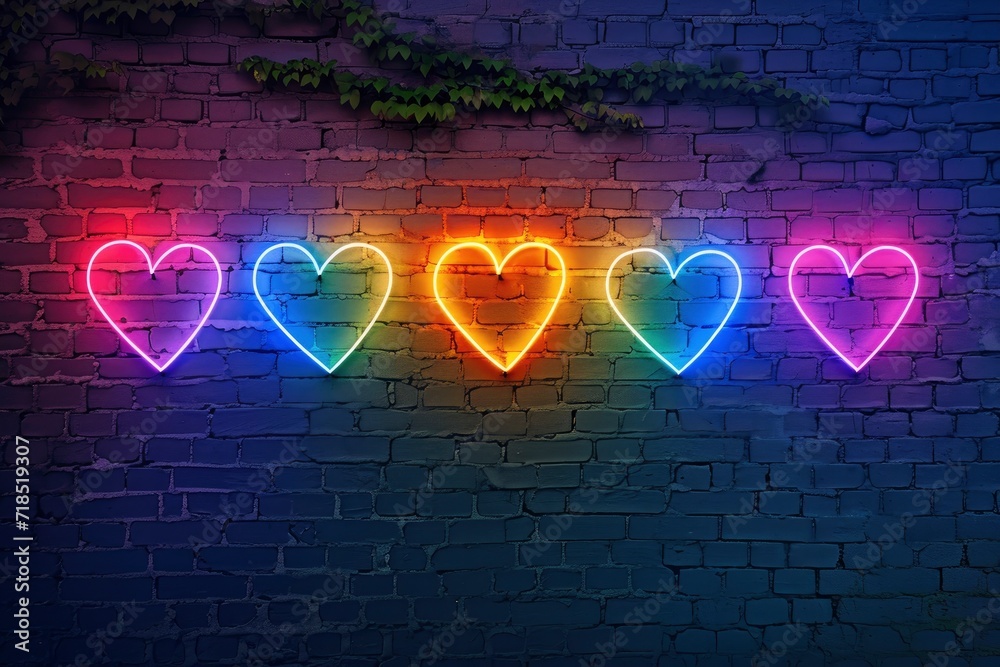 Neon hearts on brick wall. Valentine's day