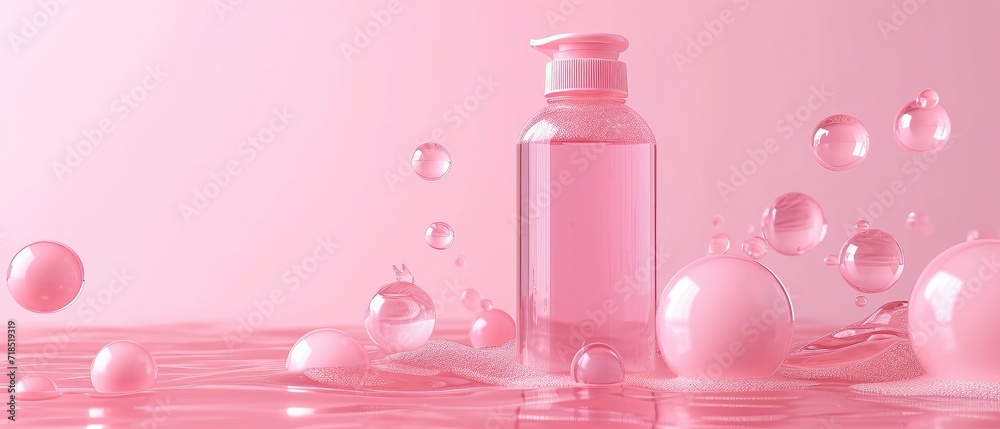 Gel Bottle Displayed Over a Pink Glass Disc with Bubbles on a Pastel Pink Background Elevate Your Beauty Routine with Our Exquisite Product. 3D Product Ad Gel Bottle Displayed Over a Pink Glass Disc with Bubbles on a Pastel Pink Background Elevate Your Beauty Routine with Our Exquisite Product. 3D Product Ad