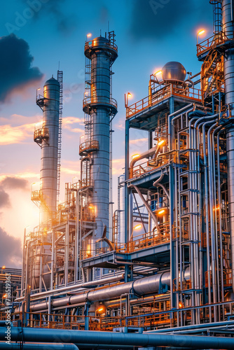 Pipeline and pipe rack of petroleum industrial plant with sunset sky background