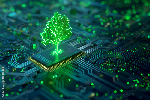 Neon Tree of Technology: Chip Line Illuminated in Green Neon Light on Blue Metal Surface