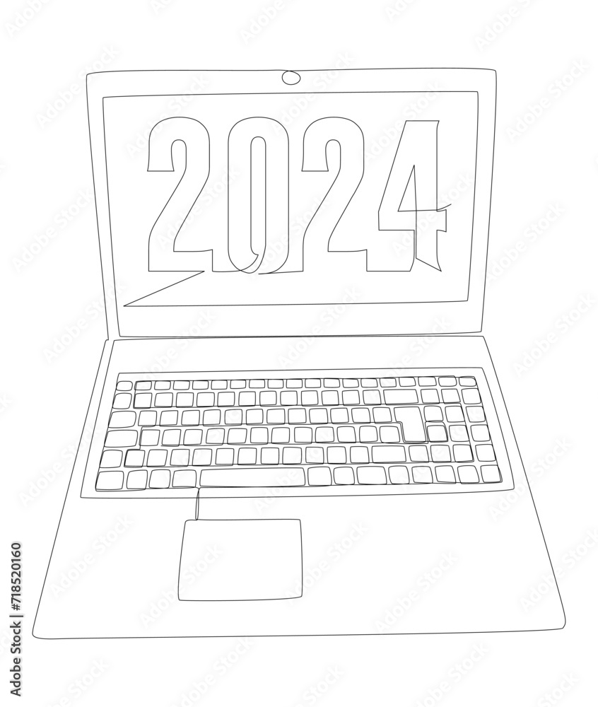 One continuous line of Laptop with number 2024. Thin Line Illustration vector concept. Contour Drawing Creative ideas. One continuous line of Laptop with number 2024. Thin Line Illustration vector concept. Contour Drawing Creative ideas.