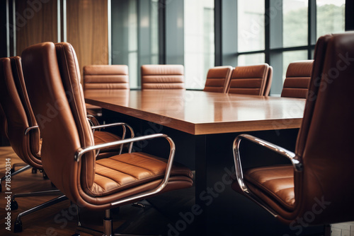 A minimalist fine art capture of an empty meeting room showcasing office equipment chairs and a large table in soft natural light. AI generative.