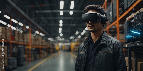Young Asian man wearing virtual reality goggles in warehouse. This is a freight transportation and distribution warehouse. Industrial and technology concept © Naksh