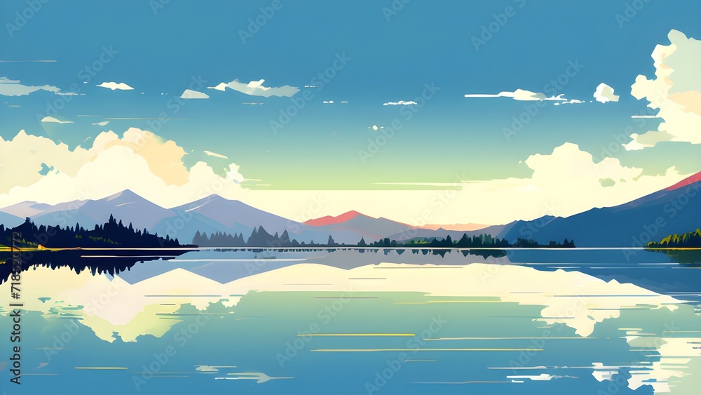 2d flat illustration of a mountain landscape with silhouettes of mountains, hills, forest and sky