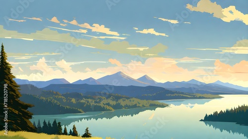 2d flat illustration of a mountain landscape with silhouettes of mountains  hills  forest and sky